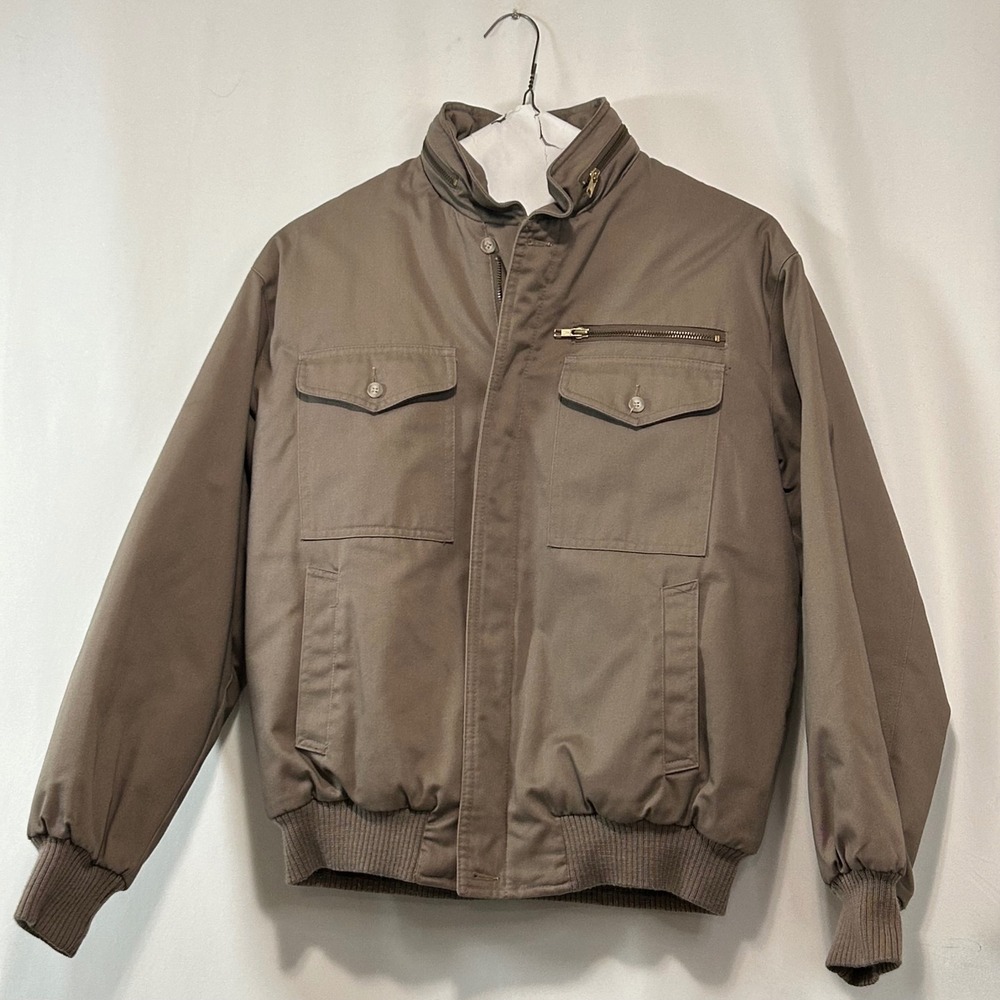 Mens Khaki Bomber Jacket Full Zip Red Lined Collared Casual‎ Outerwear Coat